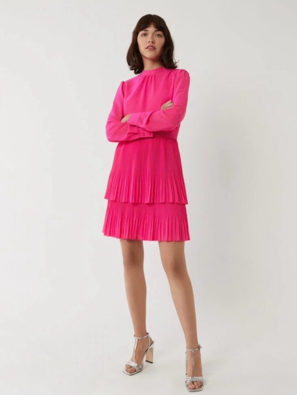 Warehouse Hot Pink Tiered Pleated Long-Sleeve Mini Dress